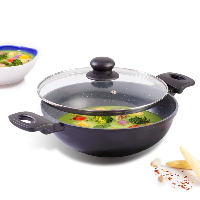 Wonderchef Duralite Die-Cast Kadhai with Lid 24 cm 2.4 L Grey
