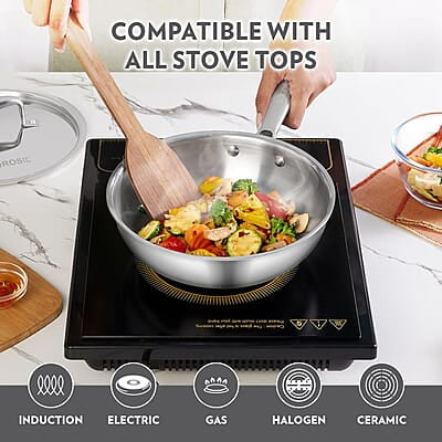 Borosil Cookfresh 2.85 L Tri-ply Stainless Steel Wok with Lid | 24 Cm Kadhai for Deep Fry