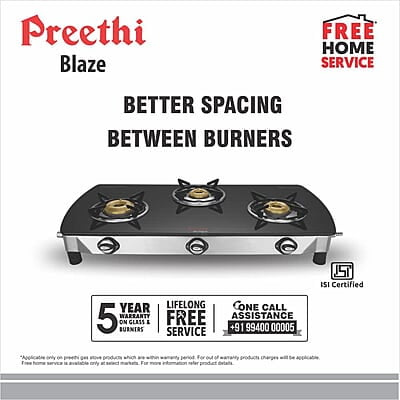 Preethi Blu Flame Blaze Glass top 3 Burner Gas Stove, Manual Ignition