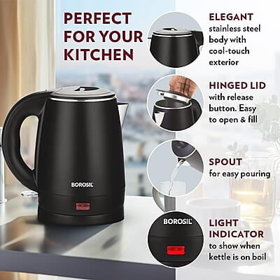 Borosil 1.2L 1350W Cooltouch Multipurpose Electric Kettle | Auto Shut off | Wide Mouth | 304 Food Grade Stainless Steel with Double Wall Cooltouch Exterior | 2 year Warranty | Black