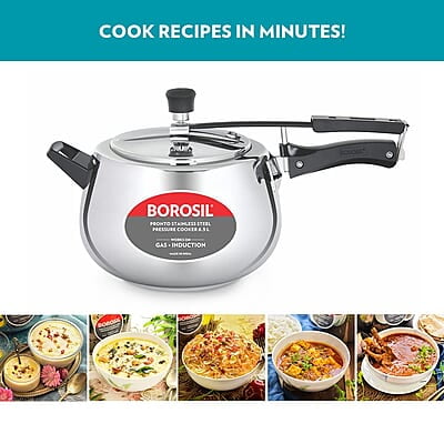 Borosil Pronto Induction Base Inner Lid Stainless Steel Pressure Cooker, 6.8 mm Thick Base, 6.5 L