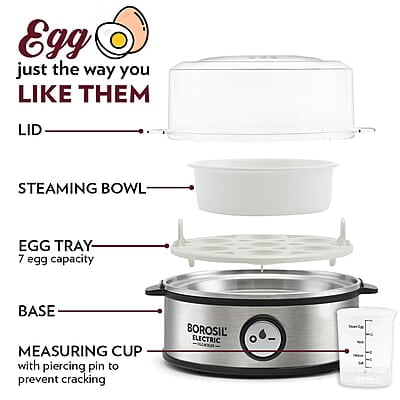 Borosil Electric Egg Boiler, 7 Egg Capacity, For Hard, Soft, Medium Boiled Eggs, Steamed Vegetables, Transparent Lid, Stainless Steel Exterior
