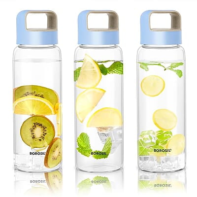 Borosil Crysto Glass Water Bottle, Fridge Bottle Set of 3, Borosilicate Glass, Extreme Temperature Resistant, For Hot & Cold Water, Milk, Lassi, Juice, Blue Husk Lid, 750 ml, Stylish & Transparent Borosil Crysto Glass Water Bottle, Fridge Bottle Set of 3, Borosilicate Glass, Extreme Temperature Resistant, For Hot & Cold Water, Milk, Lassi, Juice, Blue Husk Lid, 750 ml, Stylish & Transparent
