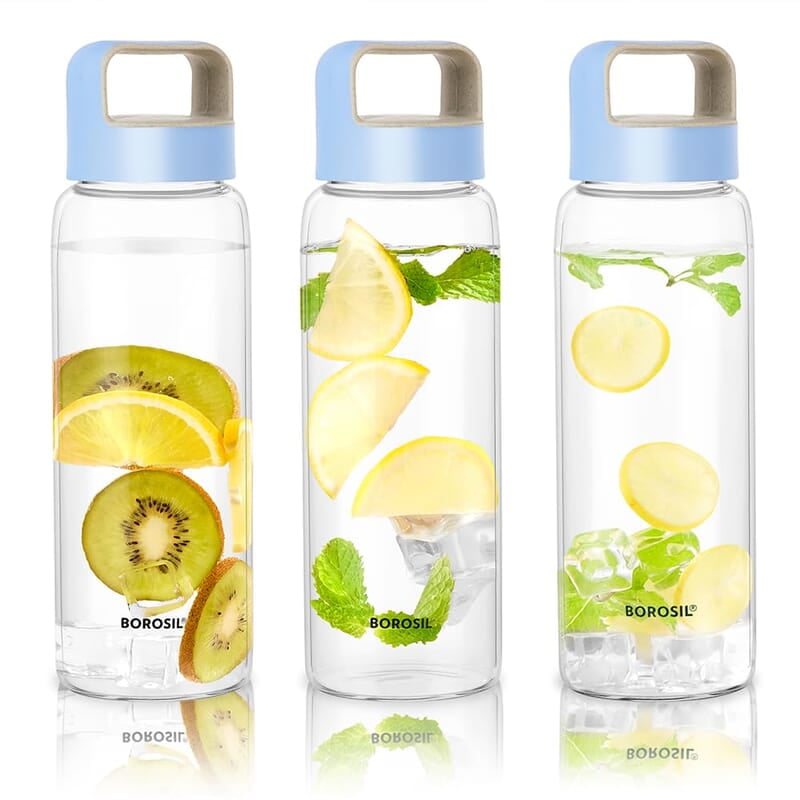 Borosil Crysto Glass Water Bottle, Fridge Bottle Set of 3, Borosilicate Glass, Extreme Temperature Resistant, For Hot & Cold Water, Milk, Lassi, Juice, Blue Husk Lid, 750 ml, Stylish & Transparent Borosil Crysto Glass Water Bottle, Fridge Bottle Set of 3, Borosilicate Glass, Extreme Temperature Resistant, For Hot & Cold Water, Milk, Lassi, Juice, Blue Husk Lid, 750 ml, Stylish & Transparent