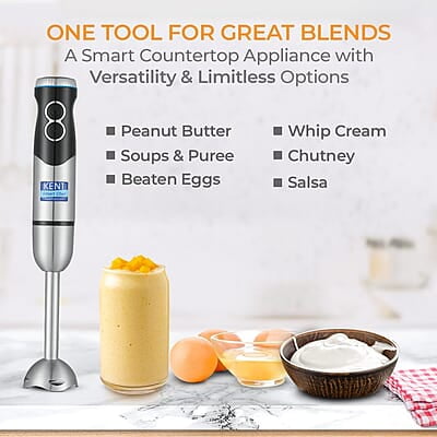 Kent Ss Hand Blender 450W | Variable Speed Control | Turbo Switch For Fast Blending | Detachable Shaft For Easy Cleaning | Hot & Cold Blending | Low Noise Dc Motor - Stainless Steel, 450 Watts, Silver