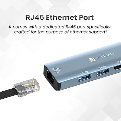Portronics Mport 51 5-in-1 Type C HUB with RJ 45 Ethernet Port, 5Gbps Data Transfer, HDMI Port, USB 3.0, PD Quick Charge, 4K Ultra HD Data Quality (Grey)