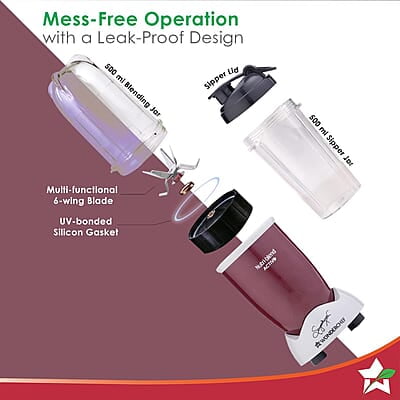 Wonderchef Nutri-blend Activ Mixer Grinder Blender, Smoothie Maker, 500W 22000 RPM 100% Full Copper Motor, 2 Unbreakable Jars Red