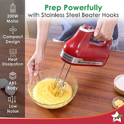 Wonderchef Crimson Edge 5 Speed Electric Hand Mixer 300W  SS Whisk Beaters and Dough Hooks