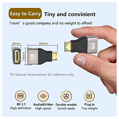 Mini HDMI (M) to 8K HDMI 2.1 (F) Adapter, 8K @60Hz, 4K @120Hz, Dynamic HDR, 3D & eARC for TV, Projector, Laptop Mini HDMI (M) to 8K HDMI 2.1 (F) Adapter, 8K @60Hz, 4K @120Hz, Dynamic HDR, 3D & eARC for TV, Projector, Laptop