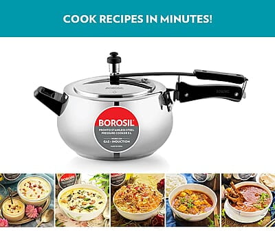 Borosil Pronto Induction Base Stainless Steel Inner Lid Pressure Cooker 5L