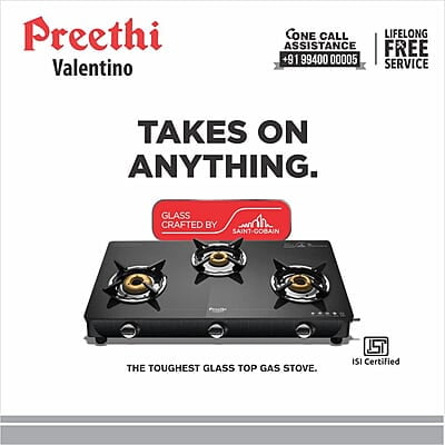 Preethi Valentino Glass top 3 Burner Gas Stove, Manual Ignition, Black ISI Approved