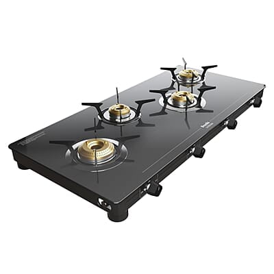 Preethi Luxe Max 4 Burner Glass Top Gas Stove With Driptray Less Infinity Design