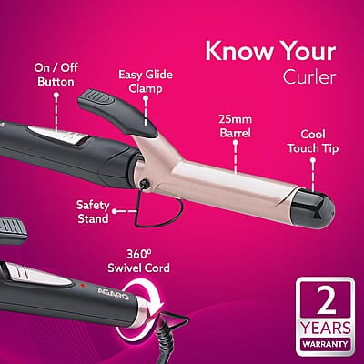 AGARO HC6001 Hair Curler with 25MM Barrel, Rod, Tong, Tourmaline Infused Ceramic Coated Plates