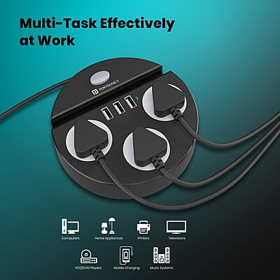 Portronics Power Plate 5 1500W Power Converter with USB Charger & Mobile Holder 3AC Socket + 3USB Ports, 1.5 m Cord Length