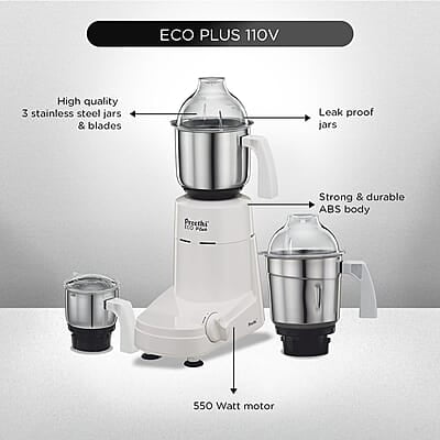 Preethi Eco Plus MG-138 110V, 550 Watt Mixer Grinder with 3 Jars (0.4L Chutney grinding Jar + 1.0L dry grinding Jar + 1.5L Wet grinding Jar, Stainless Steel)