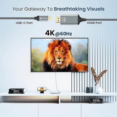 Portronics Konnect Vision C 4K 60Hz Type C to HDMI Cable with 1.8M Cord Length, Nylon Braided, Gold Plated Connectors for Laptop, Mobile, iPad Pro, MacBook, Chromebook, TV, Monitor(Grey) Portronics Konnect Vision C 4K 60Hz Type C to HDMI Cable with 1.8M Cord Length, Nylon Braided, Gold Plated Connectors for Laptop, Mobile, iPad Pro, MacBook, Chromebook, TV, Monitor(Grey)