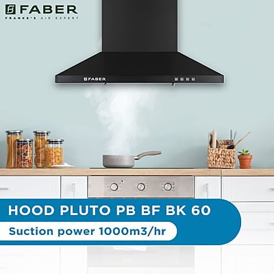 Faber 60 cm 1000 m³/hr Kitchen Chimney (HOOD PLUTO PB BF BK 60, Baffle Filter, Push Button
