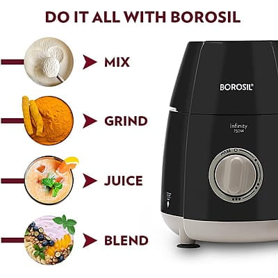 Borosil 750W Infinity Mixer Grinder with 4 Stainless Steel Jars (1.5L Jar with Fruit Filter, 1.5L Blending Jar, 1L Dry/Wet Grinder Jar, 400ml Chutnery Jar), Kitchen Mixie, 5 Years Warranty on Motor