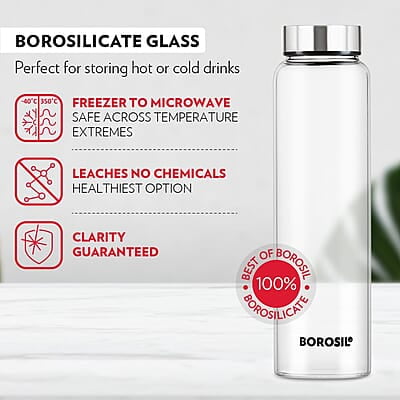 Borosil Crysto Wide Mouth Glass Water Bottle with Stainless Steel Lid | 750ml, Borosilicate Glass, Leakproof, Easy to Carry, Fridge & Dishwasher Safe | Can Use For, Lassi, Juice, Smoothies (3 Pc Set)