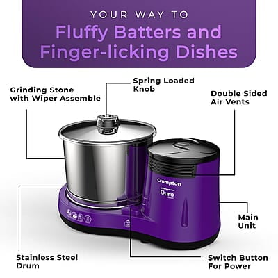 Crompton's Duro Classic Wet Grinder with 150W Motor for Uniform Grinding, High Grade 2L Stainless Steel Drums, Strong ABS Body