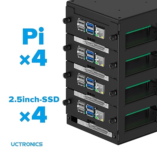 UCTRONICS Enclosure for Raspberry Pi Cluster Compatible with Pi 4B, 3B/3B+ House Up to 4 2.5? SSD, Support PoE /PoE + HAT and Switch, 2 Cooling Fans