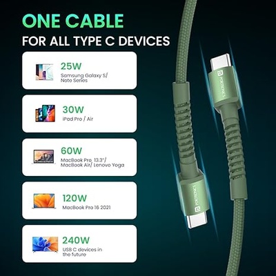 Portronics Konnect X 240W Futuristic Unbreakable Nylon Braided Type C to Type C Fast Charging PD Cable 1M Long, Supports Laptop and All Type C Smartphones and Devices (Green) Portronics Konnect X 240W Futuristic Unbreakable Nylon Braided Type C to Type C Fast Charging PD Cable 1M Long, Supports Laptop and All Type C Smartphones and Devices (Green)