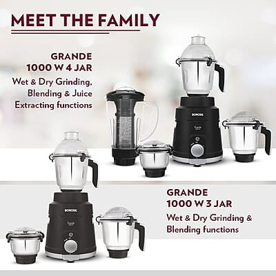 Borosil Grande 1000 W Mixer Grinder, With Double Ball Bearings, 4 Jars (3 SS Jars (1.5 L Blending Jar, 1.2 L Dry/Wet Grinder, 400 ml Chutney Jar) & 1 PC Jar with Fruit Filter) Mixie For Kitchen