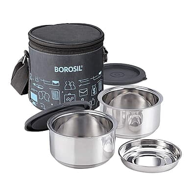 Borosil - Carry Fresh Stainless Steel Insulated Lunch Box Set of 2, 280ml, Grey