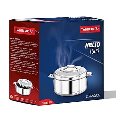 TWIN BIRDS Helio Stainless Steel Casserole for Roti | Steel Tiffin Box | Insulated Casserole 1000ml | Hotpot Roti Box with Steel Lid | Stainless Steel Serving Dish
