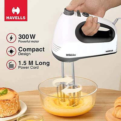Havells Whisko 300 watt Hand Mixer with Single Eject Button, 5 Speed Turbo Function, Stainless Steel Hooks