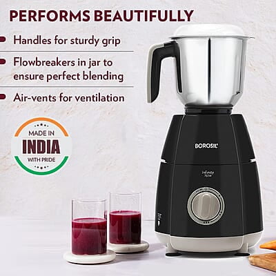 Borosil 750W Infinity Mixer Grinder with 4 Stainless Steel Jars (1.5L Jar with Fruit Filter, 1.5L Blending Jar, 1L Dry/Wet Grinder Jar, 400ml Chutnery Jar), Kitchen Mixie, 5 Years Warranty on Motor