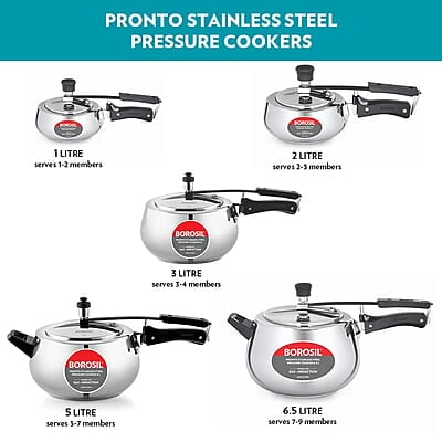 Borosil Pronto Induction Base Inner Lid Stainless Steel Pressure Cooker, 6.8 mm Thick Base, 2 L