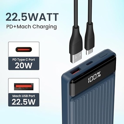 Portronics Luxcell B 10K 10000 mAh 22.5W Fast Charging Power Bank, Ultra Slim Power Bank with Mach USB-A Output, Type C PD Output, Type C Input, Wake Up Button Portronics Luxcell B 10K 10000 mAh 22.5W Fast Charging Power Bank, Ultra Slim Power Bank with Mach USB-A Output, Type C PD Output, Type C Input, Wake Up Button