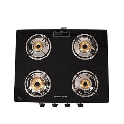 Wonderchef Glory 4 Burner Glass Cooktop, Black 8mm Toughened Glass Ergonomic Knobs Ergonomic Knobs