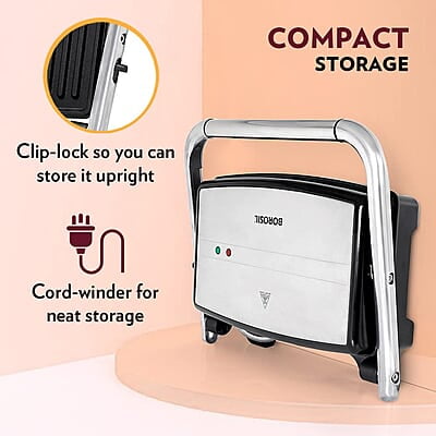 Borosil Jumbo Grill Sandwich Maker, 1500W, Non-Stick Grilling Plate, 180ᶿ Open Flexibility, Make 4 Sandwiches Borosil Jumbo Grill Sandwich Maker, 1500W, Non-Stick Grilling Plate, 180ᶿ Open Flexibility, Make 4 Sandwiches