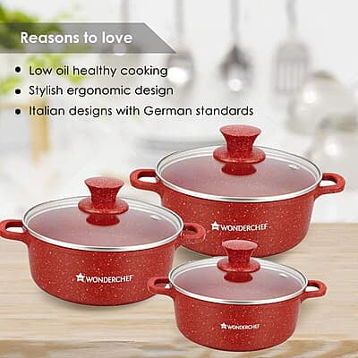 Wonderchef Granite Die-Cast Non-Stick 6-Piece Casserole Set with Lids Red Wonderchef Granite Die-Cast Non-Stick 6-Piece Casserole Set with Lids Red