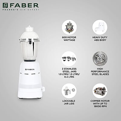 Faber Vogue 600W Blender Mixer Grinder, 3 SS Clip Lock Jars and Blades Copper Motor, up to 19000 RPM Speed