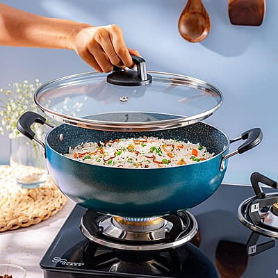 Borosil ProChef Non-Stick Aluminum Kadhai with Lid 22 cm | Gas Stove Compatible, Thick Uniform Body for Even Heating, Dishwasher Safe | 5 Layer Nonstick Coating, PFOA Free | 1 Year Warranty | Blue