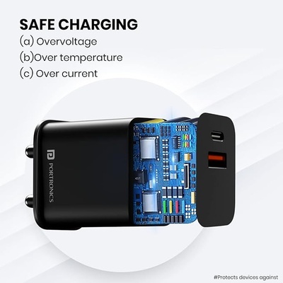Portronics ADAPTO 20V 20W Dual Port Fast Charging Adapter Type C PD 3.0 & Mach USB-A Compatible with iPhone & Android (Black) Portronics ADAPTO 20V 20W Dual Port Fast Charging Adapter Type C PD 3.0 & Mach USB-A Compatible with iPhone & Android (Black)