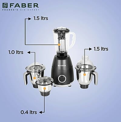 Faber Crown 800W Blender Mixer Grinder, 3 SS clip lock jars + 1 PC jar  copper motor, up to 20000 rpm speed