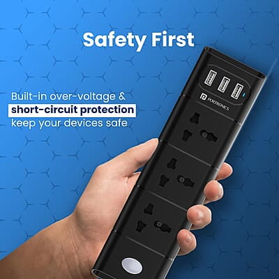 Portronics Power Plate II Extension Board - 1500W - 3 USB Ports, 3 Power Sockets, Overload Protection