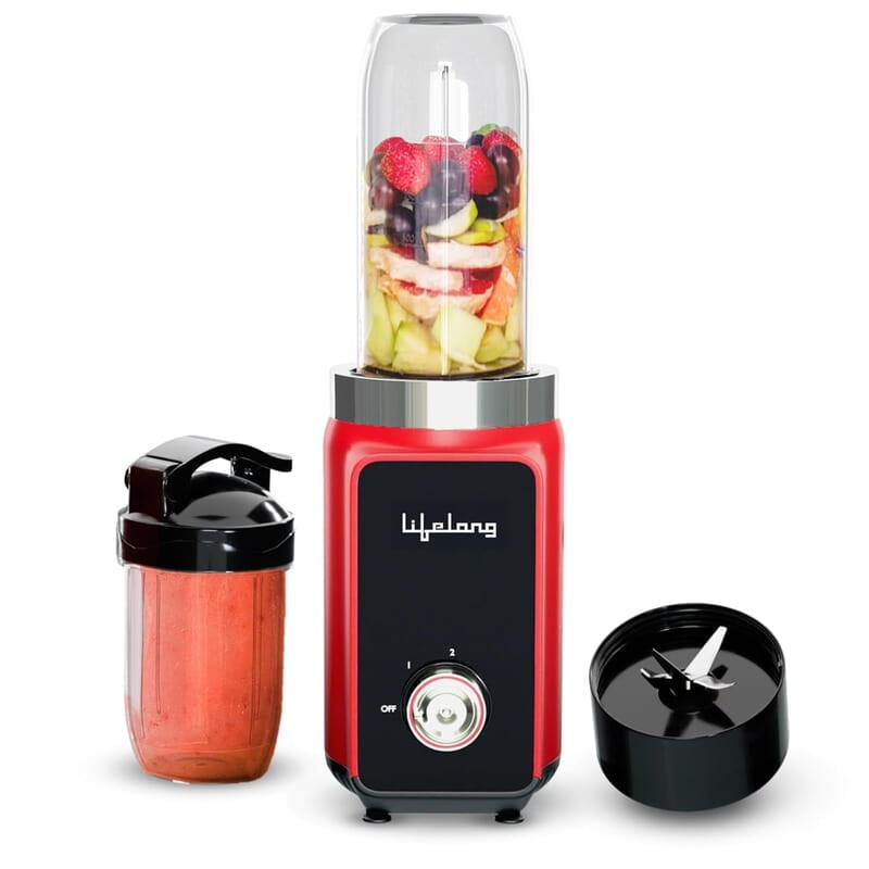 Lifelong Nutri Blender for Smoothies and Juices 500 Watts with 2 Jars - 100% Copper Motor Mixer Grinder Red