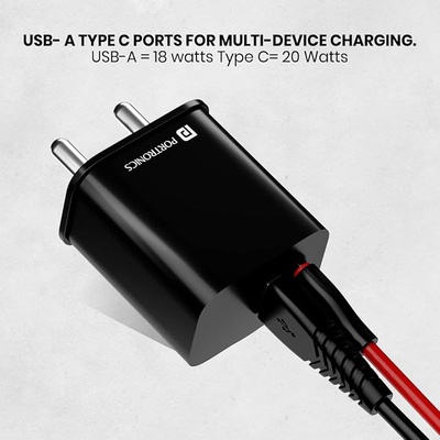 Portronics ADAPTO 20V 20W Dual Port Fast Charging Adapter Type C PD 3.0 & Mach USB-A Compatible with iPhone & Android (Black) Portronics ADAPTO 20V 20W Dual Port Fast Charging Adapter Type C PD 3.0 & Mach USB-A Compatible with iPhone & Android (Black)