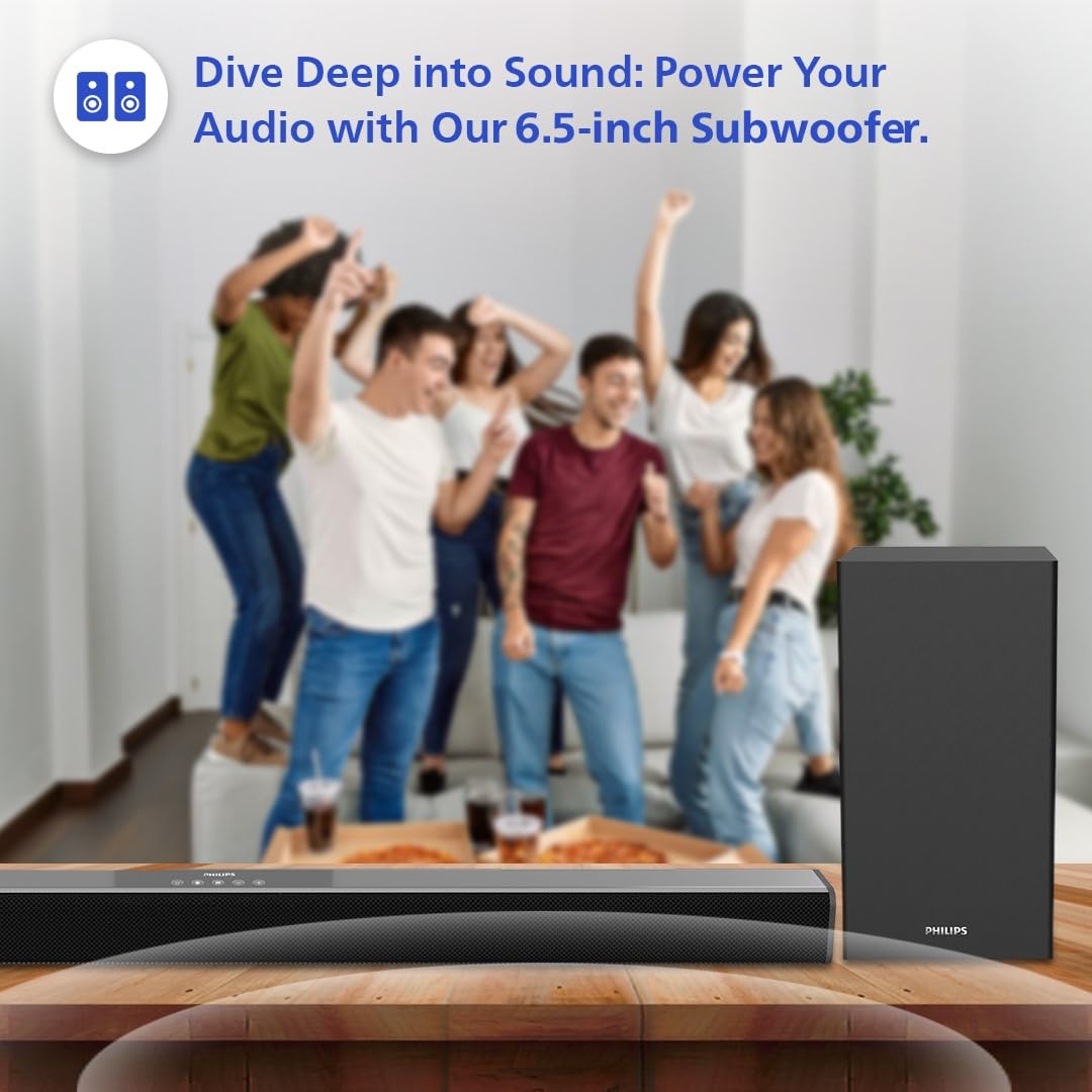 Philips TAB4228/94 2.1Ch Bluetooth Soundbar - 160W, Rich Bass, 3 EQ Modes, Multi-Connectivity (Black) Philips TAB4228/94 2.1Ch Bluetooth Soundbar - 160W, Rich Bass, 3 EQ Modes, Multi-Connectivity (Black)