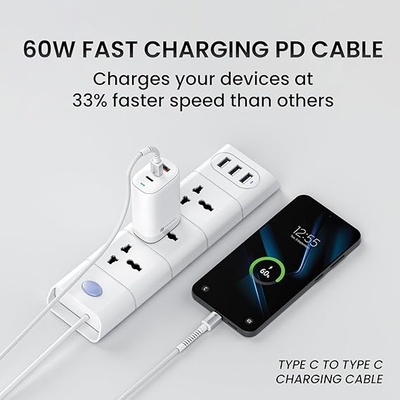 Portronics Konnect X 60W Type C to Type C Unbreakable Nylon Braided Cable, 2M Fast Charging Cable for iPhone 15 series, iPad, Samsung Galaxy & other Type C Devices Portronics Konnect X 60W Type C to Type C Unbreakable Nylon Braided Cable, 2M Fast Charging Cable for iPhone 15 series, iPad, Samsung Galaxy & other Type C Devices