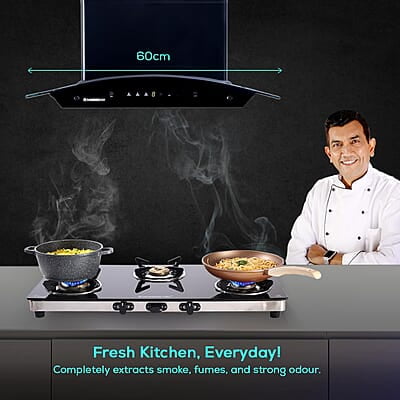 Wonderchef Ultima C-Line 60cm 1400 m3/hr Auto Clean Curved Glass Chimney 1400M3/Hr powerful suction