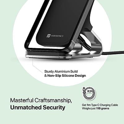 Portronics Freedom 15 Plus 15W Desktop Wireless Charger + Mobile Stand with Dual Coil, Aluminum Alloy