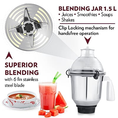 Borosil Supermax Mixer Grinder, For Wet/Dry Mixing & Grinding, 750 Watts, 3 Stainless Steel Jars(1.5 L Blending Jar, 1 L Dry/Wet Grinder, 400 ml Chutney Jar), Mixie For Kitchen, Blue