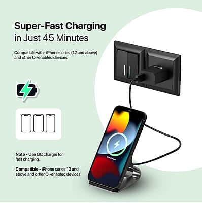 Portronics Freedom 15 Plus 15W Desktop Wireless Charger + Mobile Stand with Dual Coil, Aluminum Alloy