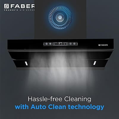 Faber 90cm 1500m³/hr Autoclean Kitchen Chimney Digital Display Filterless Slant Body T-Shape Panel Touch+Gesture